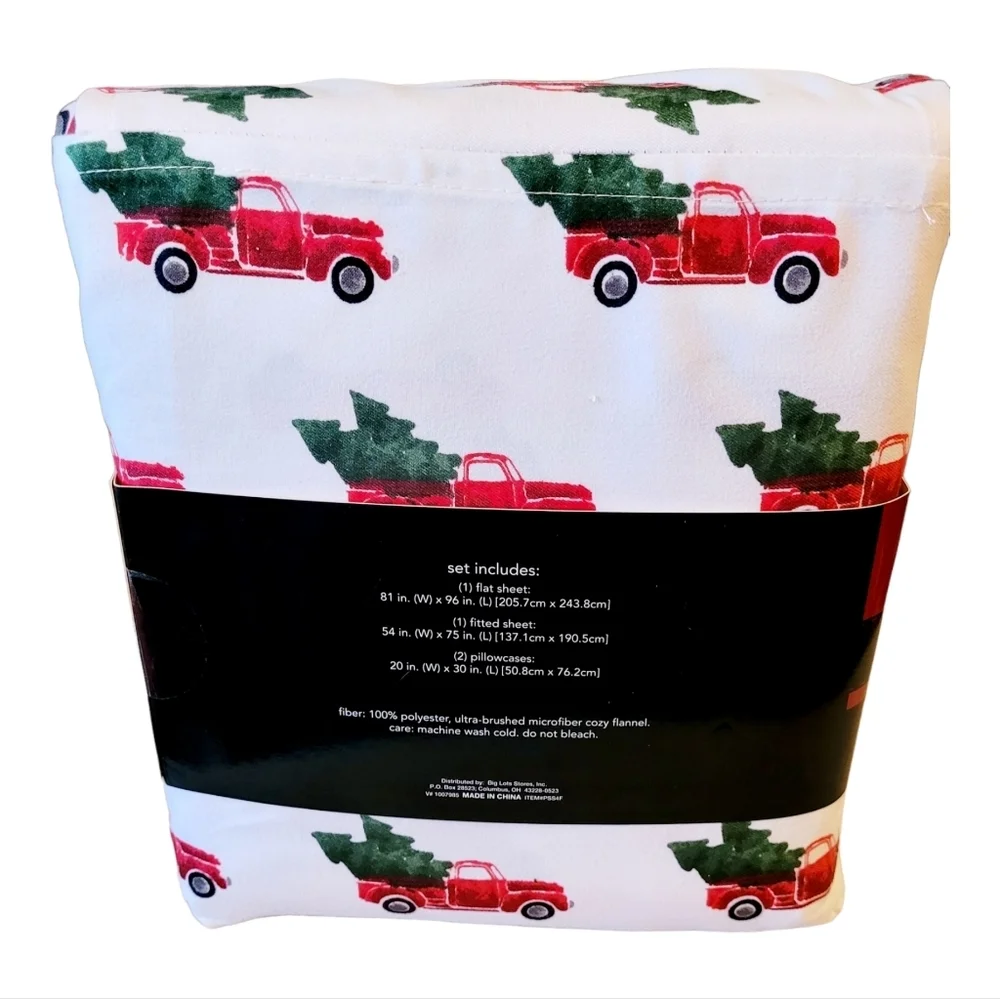 Winter Wonder Lane Christmas Red Truck 4pc. Cozy Flannel Full Size Sheet Set New